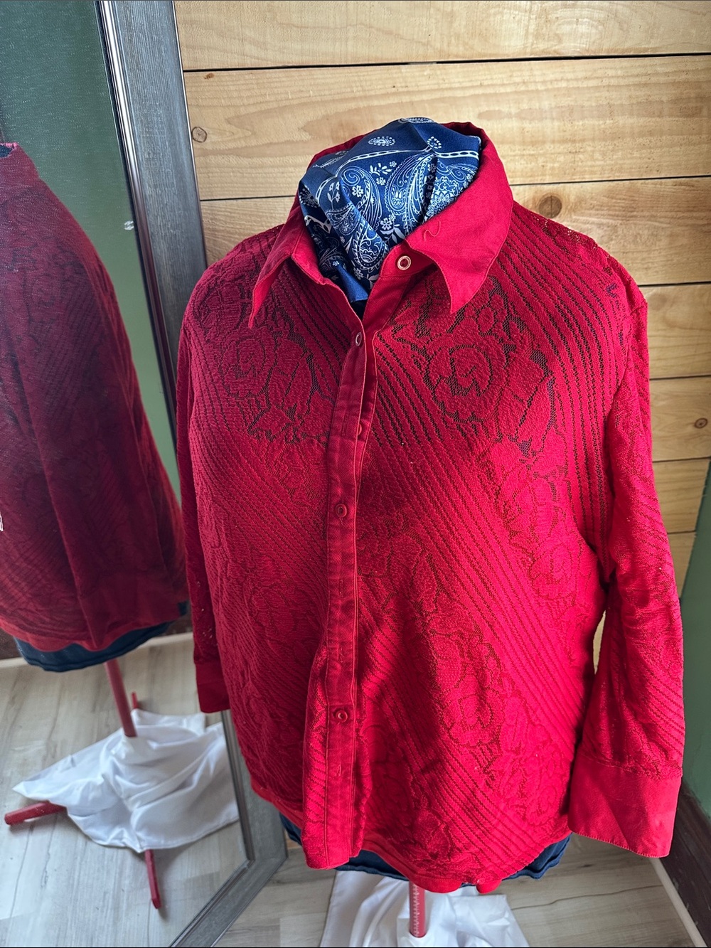 Coldwater Creek Red Floral-Texture Shirt Jacket